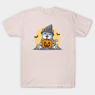 Cute Witch Cat Hug Pumpkin Halloween Cartoon Vector Icon Illustration T-Shirt